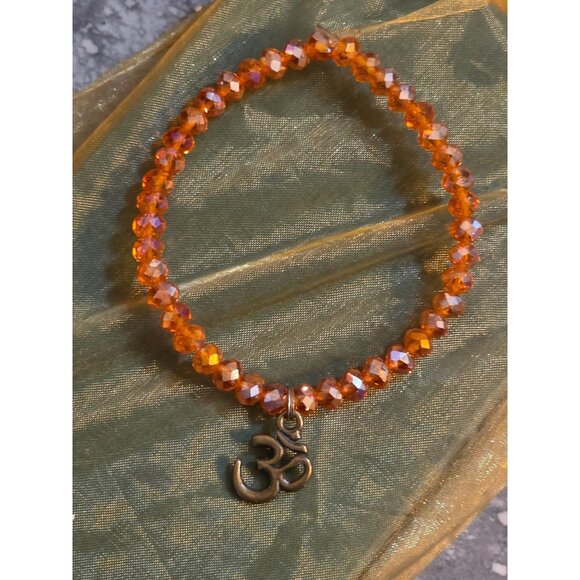 Aurora Borealis Beaded Stretch Bracelet Ohm Charm Yoga Jewelry Orange Brass - Picture 2 of 4